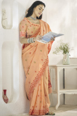 Light Orange Linen Weaved Thread Broad Border Saree 