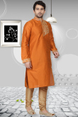 Light Orange Raw Silk Kurta Pajama For Men
