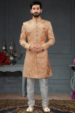 Light Orange Woven Jacquard Churidar Men Sherwani
