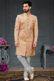 Light Orange Woven Jacquard Churidar Men Sherwani