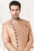 Light Peach Brocade Achkan Men Woven Zari Sherwani