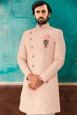 Light Peach Jacquard Embroidered Men Sherwani