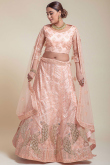 Net Light Peach Wedding Wear Lehenga with Thread embroidery