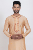 Light Peach Silk Blend Embroidered Men's Kurta With Dhoti