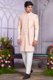 Light Peach Silk Blend Embroidered Men's Sherwani for Reception