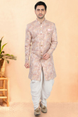 Light Peach Silk Men's Sherwani with Weaved Work for Wedding Wear
