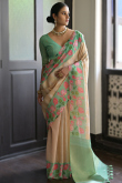 Light Peach Silk Woven Zari Broad Border Saree