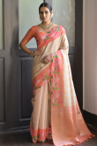 Light Peach Woven Zari Silk Broad Border Saree