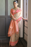 Light Peach Woven Zari Silk Broad Border Saree