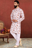 Lace Work Party Wear Men Kurta Pajama in Light Peach Dupion Silk