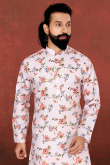Lace Work Party Wear Men Kurta Pajama in Light Peach Dupion Silk