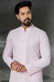Light Pink Cotton Resham Thread Embroidered Men Sherwani