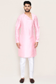 Light Pink Dupion Silk Angrakha Style Men's Kurta Pajama
