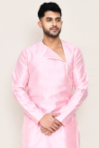 Light Pink Dupion Silk Angrakha Style Men's Kurta Pajama