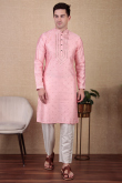 Light Pink Dupion Silk Embroidered Straight Cut Men's Kurta Pajama