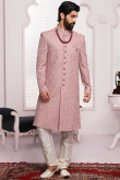 Light Pink Georgette Thread And Gotta Patti Embroidered Men Sherwani With Churidar