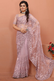Saree for Wedding Wear in Net Light Pink with Stone embroidery