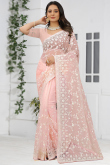 Thread Work Sangeet Saree in Light Pink Net