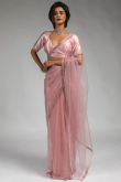 Light Pink Net Saree with Stone Work for Party