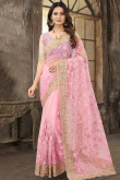 Light Pink Net Saree With Zari Work For Festival