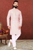 Light Pink Printed Cotton Men Kurta Pajama