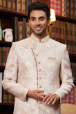 Light Pink Silk Blend Weaved Straight Cut Men's Sherwani