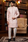 Light Pink Silk Blend Weaved Straight Cut Men's Sherwani