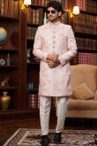 Light Pink Silk Blend Weaved Straight Cut Men's Sherwani