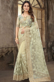 Light Pistachio Green Net Saree With Zari Work For Festival 