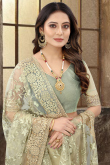 Light Pistachio Green Net Saree With Zari Work For Festival 