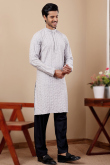 Light Purple Linen Embroidered Straight Cut Men's Kurta Pajama