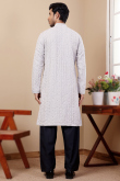 Light Purple Linen Embroidered Straight Cut Men's Kurta Pajama
