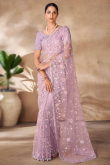Embroidered Light Purple Net Saree with Stone and Cut Dana