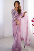 Light Purple Twill Net Saree With Lace Work For Diwali