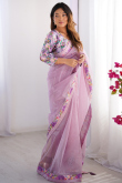 Light Purple Twill Net Saree With Lace Work For Diwali