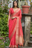 Light Red Kora Silk Woven Zari Broad Border Saree 