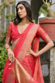 Light Red Kora Silk Woven Zari Broad Border Saree 