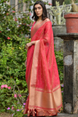 Light Red Kora Silk Woven Zari Broad Border Saree 