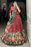 Light Red Silk Printed Flared Style Lehenga