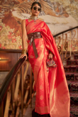 Light Red Silk Zari Weaved Broad Border Saree