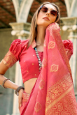 Light Red Weaved Zari Tussar Silk Broad Border Saree For Sangeet 