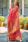 Light Red Weaved Zari Tussar Silk Broad Border Saree For Sangeet 