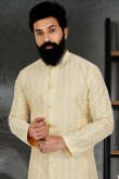 Light Yellow Art Silk Straight Cut Men Kurta Churidar