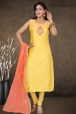 Light Yellow Chanderi Straight Cut Churidar Suit
