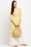 Light Yellow Cotton Straight Cut Kurti 