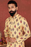 Light Yellow Cotton Straight Cut Men Printed Kurta Pajama