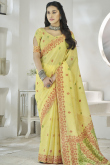 Light Yellow Linen Weaved Thread Broad Border Saree 