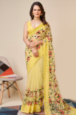 Light Yellow Resham Embroidered Light Weight Net Saree