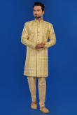 Light Yellow Silk Embroidered Indo Western Men's Sherwani