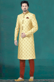 Light Yellow Silk Embroidered Men Sherwani